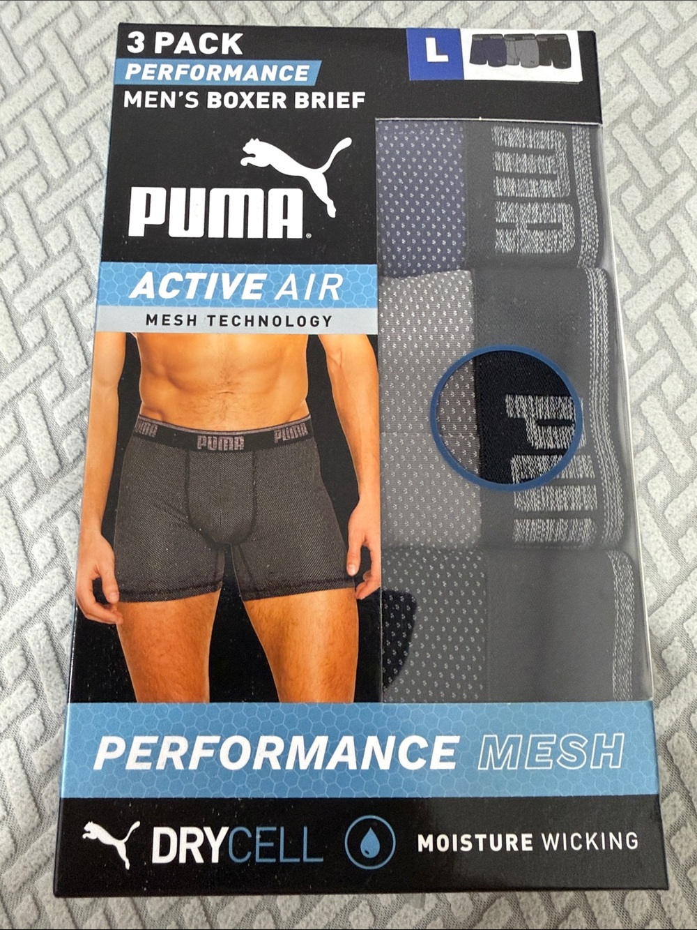 Puma Men's Active Air Performance Mesh Boxer Briefs (3 Pack) Moisture Wicking L